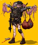  1girl absurdres ammunition_pouch assault_rifle bag bandages bike_shorts black_eyes blood blood_bag blood_in_hair blood_on_bandages blood_on_face blood_on_hands blood_on_leg blood_on_shoes blue_sleeves body_armor brown_footwear bullet_hole bulletproof_vest chest_rig collared_shirt combat_helmet crack cracked_glass dual_ptt duffel_bag empty_eyes eotech epakim fangs fangs_out foregrip gun gun_sling hair_between_eyes headphones helmet highres holster ketchup ketchup_bottle knee_pads laser_sight laughing load_bearing_vest long_hair long_sleeves looking_at_viewer low_twintails m4_carbine magazine_(weapon) muzzle_device open_mouth optical_sight original outstretched_arms pink_hair plate_carrier pouch rifle rod_of_asclepius shirt shoelaces shoes single_knee_pad sleeves_rolled_up sneakers spread_arms squeeze_bottle standing star_of_life thigh_holster twintails vertical_foregrip very_long_hair visor_(armor) walkie-talkie watch weapon wristwatch yellow_background 