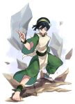  1girl anklet aqua_eyes avatar:_the_last_airbender avatar_legends barefoot black_hair blind chinese_commentary closed_mouth fingernails frown green_hairband green_pants hair_between_eyes hairband highres jewelry legs_apart pants short_hair solo standing toenails toph_bei_fong two-tone_hairband wide_sleeves wristlet yellow_hairband youzaiyouzai112 
