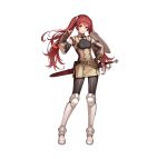  1girl absurdres armor armored_boots belt belt_pouch boots breasts closed_mouth commentary_request dress fingerless_gloves fire_emblem fire_emblem_awakening fire_emblem_heroes full_body gloves hand_on_own_hip hand_up highres konfuzikokon long_hair looking_at_viewer official_art pantyhose pouch red_eyes red_hair serious severa_(fire_emblem) sheath sheathed short_dress shoulder_armor simple_background small_breasts solo standing striped sword turtleneck twintails vertical_stripes weapon white_background 