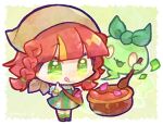  1girl black_footwear bowl braid brown_bag brown_bandana collared_shirt cooking doradorakingyo green_bracelet green_eyes green_skirt green_socks licking_lips long_hair petals puyopuyo puyopuyo_quest red_hair rozema_(puyopuyo) shirt skirt socks solid_oval_eyes spirit steam stew tongue tongue_out twin_braids white_shirt wooden_spoon 