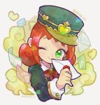  1girl ally_(puyopuyo) closed_mouth collared_shirt cropped_torso dated doradorakingyo eyelashes green_eyes green_headwear green_jacket heart heart_in_eye holding holding_letter jacket letter long_sleeves looking_at_viewer one_eye_closed orange_hair paper puyopuyo puyopuyo_chronicle puyopuyo_quest red_ribbon ribbon shirt smile solo symbol_in_eye twitter_username 