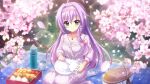  1girl ahoge animal_on_lap bento blanket blurry blurry_foreground bow breasts cat cat_on_lap cherry_blossoms cherry_tomato closed_mouth cup dot_nose dress film_grain food_request game_cg grass green_eyes hair_bow hair_ribbon hairband hanami hokaze_kanade izumi_tsubasu lens_flare long_hair long_sleeves looking_at_viewer medium_breasts night no_shoes non-web_source official_art on_ground on_lap outdoors petting picnic picnic_basket purple_bow purple_dress purple_hair purple_hairband purple_ribbon re:stage! ribbon seiza sitting smile socks solo sparkle thermos tomato tree white_cat white_socks 