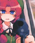  1girl absurdres aiming aiming_at_viewer beret blue_eyes braid collared_shirt commentary green_headwear green_vest gun hand_up hat highres holding holding_gun holding_weapon hong_meiling iesonatana long_hair looking_at_viewer open_mouth pointing_gun red_hair shirt solo touhou twin_braids upper_body v-shaped_eyebrows vest weapon white_shirt 