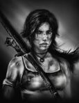  1girl arm_strap blood blood_on_face breasts camisole commentary dirty dirty_clothes dirty_face furrowed_brow greyscale highres jewelry krystine_art lara_croft long_hair medium_breasts messy_hair monochrome necklace realistic serious solo tomb_raider tomb_raider_(reboot) twitter_username 