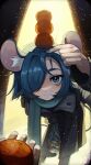  1girl absurdres ahoge animal_ears bag bags_under_eyes blue_eyes blue_hair blue_nails blue_scarf blush closed_mouth coat dot_nose feet_out_of_frame food fruit grey_coat hair_intakes hair_over_one_eye highres holding holding_bag holding_food holding_fruit leaning_forward long_sleeves looking_at_viewer mandarin_orange mouse_ears mouse_girl mouse_tail original parasoru_buruu parted_bangs perspective plastic_bag pointing pointing_at_forehead pointing_at_self pov scarf short_hair smile snow solo_focus tail winter winter_clothes 