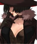  1girl alternate_costume black_gloves black_hair black_headwear breasts cleavage gloves guilty_gear guilty_gear_strive hat hitsuji_kusa i-no looking_at_viewer mole mole_above_mouth red_lips short_hair witch_hat 