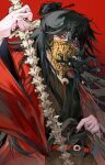  1boy 5236905043 absurdres arm_up belt black_hair blood blood_on_hands bone chinese_clothes coin dao_gui_yi_xian eyeball hair_between_eyes hanfu highres holding holding_bone holed_coin li_huowang long_hair long_sleeves looking_at_viewer male_focus red_brooch red_eyes solo upper_body 