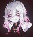  1girl absurdres ahoge bags_under_eyes briar_(league_of_legends) clenched_teeth colored_sclera colored_skin commentary gradient_background grey_skin hair_between_eyes highres league_of_legends long_hair looking_at_viewer mates_pp multicolored_hair no_pupils pink_hair pink_sclera pointy_ears sharp_teeth sidelocks simple_background smile solo streaked_hair teeth two-tone_hair unfinished upper_body white_eyes white_hair 