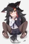  1girl absurdres animal_ear_fluff animal_ears black_hair black_pantyhose blush boppin fang feet hair_ornament highres hololive long_hair looking_at_viewer multicolored_hair no_shoes ookami_mio ookami_mio_(3rd_costume) pantyhose paw_print paw_print_soles red_hair skin_fang soles spread_legs streaked_hair tail toes two-tone_hoodie virtual_youtuber wolf_ears wolf_girl wolf_tail yellow_eyes 