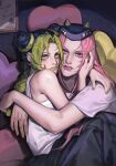  1boy 1girl black_headwear black_pants blush braid character_name double_bun eyelashes green_eyes green_lips green_nails hair_bun hand_on_another&#039;s_face hand_on_another&#039;s_shoulder heart heart_pillow hetero highres hug jojo_no_kimyou_na_bouken kujo_jolyne lipstick makeup namikaze_(dobbyka) narciso_anasui pants pillow pink_lips shirt stone_ocean white_shirt 