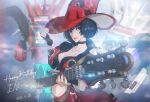  1girl adjusting_clothes adjusting_headwear black_choker black_gloves black_hair breasts character_name choker cleavage dated electric_guitar fingerless_gloves gloves guilty_gear guilty_gear_strive guitar happy_birthday hat hitsuji_kusa i-no instrument large_breasts looking_at_viewer mole mole_above_mouth red_headwear red_leather red_lips red_nails short_hair venus_symbol witch_hat 