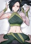  1boy 1girl ? ?? absurdres akali arm_tattoo black_hair breasts bulge closed_mouth crop_top from_above green_pants green_ribbon hair_ribbon hands_up highres large_breasts league_of_legends long_hair looking_at_viewer lying navel no_veil on_back pants pillow pillow_grab ribbon shoulder_tattoo solo_focus solssi stomach sweatdrop tattoo 