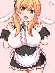  1girl animal_ears apron artist_logo black_hairband blonde_hair blush breasts center_frills cowboy_shot fake_animal_ears fleur_de_lapin_uniform frilled_apron frilled_cuffs frilled_hairband frilled_shirt frills gochuumon_wa_usagi_desu_ka? gradient_background green_eyes hairband headdress kanon_(kurogane_knights) kantai_collection large_breasts lolita_hairband long_hair low_twintails one-hour_drawing_challenge pink_background prinz_eugen_(kancolle) puffy_short_sleeves puffy_sleeves rabbit_ears shirt short_sleeves solo twintails waist_apron waitress white_apron white_shirt wrist_cuffs 