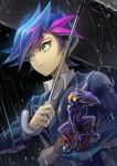  1boy absurdres ai_(yu-gi-oh!) black_background black_umbrella blue_hair blue_jacket blue_necktie collared_shirt duel_disk duel_monster fujiki_yuusaku glowing glowing_eyes green_eyes hand_on_own_head hands_up highres holding holding_umbrella jacket long_sleeves looking_to_the_side male_focus multicolored_hair necktie night outdoors purple_hair rain school_uniform shirt short_hair solo spiked_hair standing streaked_hair umbrella white_shirt yellow_eyes youko-shima yu-gi-oh! yu-gi-oh!_vrains 