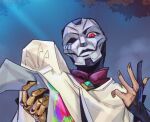  1boy black_nails fingernails jhin league_of_legends looking_at_viewer male_focus mask mechanical_arms outdoors phantom_ix_row red_eyes single_mechanical_arm solo tree upper_body 