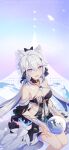  1girl :d animal_ear_fluff animal_ears bare_shoulders black_bow black_dress bow breasts cat_ears character_name cleavage collarbone detached_sleeves dress grey_hair hair_between_eyes hair_bow hair_ornament halterneck highres honkai_(series) honkai_impact_3rd kiana_kaslana kiana_kaslana_(herrscher_of_finality) long_hair looking_at_viewer low_twintails medium_breasts navel official_alternate_costume official_art official_wallpaper open_mouth purple_eyes revealing_clothes sitting skirt smile solo twintails very_long_hair white_hair 