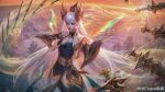  1girl absurdres artist_name blue_eyes breasts chace_chen_chen chinese_commentary cleavage closed_mouth cloud commentary_request cowboy_shot detached_sleeves divine_sword_irelia dragon earrings eastern_dragon fingernails hair_between_eyes highres irelia jewelry large_breasts league_of_legends long_hair looking_at_viewer mountain multiple_swords official_alternate_costume official_alternate_hairstyle outdoors rock sidelocks sky solo standing sunlight sunset white_hair 