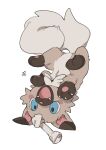  absurdres animal_focus blue_eyes bone brown_fur dog happy hideko_(l33l3b) highres lying no_humans on_back open_mouth pawpads pokemon pokemon_(creature) puppy rockruff signature simple_background smile solo upside-down white_background 