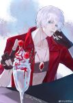  1boy belt belt_bra bishounen blue_eyes coat colored_eyelashes crop_top dante_(devil_may_cry) dessert devil_may_cry_(series) devil_may_cry_3 fingerless_gloves food fruit gloves highres male_focus pale_skin red_coat solo strawberry utensil_in_mouth weibo_6129080817 white_hair 