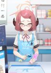  1girl absurdres angel&#039;s_24_uniform_(blue_archive) apron aru_(blue_archive) barcode_scanner bespectacled blue_apron blue_archive blush brown_horns closed_mouth collared_shirt convenience_store demon_horns glasses hair_ornament hairclip halo haniwa_(statue) highres holding horns indoors pink_hair pink_halo red_ribbon ribbon shirt shop short_hair short_sleeves solo white_shirt wish-tf yellow_eyes 
