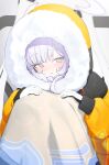  1girl blue_archive blush closed_mouth fur-trimmed_jacket fur_trim gloves halo highres himari_(blue_archive) hood hood_up jacket long_hair long_sleeves looking_at_viewer official_alternate_costume purple_eyes purple_halo solo white_gloves white_hair yellow_jacket zanya_000 