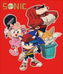 1girl 3boys alternate_costume amy_rose ana_(mother) ana_(mother)_(cosplay) animal_ears animal_nose aoki_(fumomo) arm_up arms_up baseball_bat baseball_cap biceps black_eyes black_pants blue_fur blue_hair blue_shorts blush bobby_socks body_fur bow closed_mouth collared_dress commentary_request copyright_name cosplay dress ears_through_headwear english_text flat_chest flexing fox_boy fox_ears fox_tail frying_pan full_body furry furry_female furry_male glasses gloves hair_bow happy hat holding holding_baseball_bat holding_frying_pan in_container knuckles_the_echidna lloyd_(mother) lloyd_(mother)_(cosplay) logo_parody long_hair mother_(game) mother_1 multiple_boys neckerchief ninten ninten_(cosplay) opaque_glasses open_mouth outline pants partial_commentary pince-nez pink_bow pink_dress pink_footwear pink_fur pink_hair red_background red_footwear red_fur red_hair red_headwear red_neckerchief red_shirt round_eyewear shirt shoes short_dress short_hair short_sleeves shorts sidelocks simple_background sleeveless sleeveless_shirt smile snout socks sonic_(series) sonic_the_hedgehog spiked_hair standing striped striped_shirt sunglasses tail tails_(sonic) teddy_(mother) teddy_(mother)_(cosplay) trash_can triangular_eyewear two-tone_fur two-tone_shirt white_fur white_gloves white_outline white_socks yellow_fur 