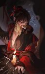  1boy absurdres bing7240 black_hair black_nails chinese_clothes coin dao_gui_yi_xian fire hair_between_eyes hanfu highres holed_coin li_huowang long_hair long_sleeves male_focus mouth_veil red_eyes solo veil 