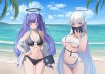 2girls absurdres alternate_costume alternate_hairstyle andamiro ass_visible_through_thighs bare_shoulders beach bikini black_bikini blue_archive blue_eyes blue_hair blue_sky book breasts cleavage commentary day half-closed_eyes halo halterneck hand_on_own_hip highres holding holding_book id_card korean_commentary large_breasts layered_bikini long_hair looking_at_viewer medium_breasts multiple_girls navel noa_(blue_archive) ocean open_clothes open_mouth open_shirt outdoors pen purple_eyes shirt side-tie_bikini_bottom simple_background sky stomach string_bikini swimsuit twintails underboob very_long_hair water white_bikini white_hair white_shirt yuuka_(blue_archive) 