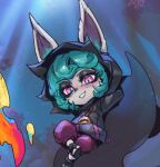  1girl animal_ears arms_behind_back black_hoodie blush colored_skin green_hair grey_skin hair_between_eyes hood hoodie leaf league_of_legends looking_at_viewer outdoors phantom_ix_row pink_eyes sandals sidelocks smile solo vex_(league_of_legends) yordle 