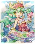  1girl bracelet doradorakingyo double_scoop draco_centauros dragon_girl dragon_tail eyelashes fang food green_hair green_wings highres holding_ice_cream_cone horns ice_cream innertube jewelry looking_at_viewer nail_polish official_alternate_costume open_mouth outline pointy_ears puyo_(puyopuyo) puyopuyo puyopuyo_quest ribbon short_hair solo sparkle swim_goggles tail traditional_media white_outline white_ribbon wings yellow_eyes yellow_horns 