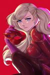  1girl blonde_hair blue_eyes bodysuit breasts caminukai closed_mouth commentary earrings english_commentary gloves hair_ornament hairclip highres holding holding_mask jewelry lips looking_at_viewer mask medium_breasts persona persona_5 pink_gloves pink_lips red_background red_bodysuit simple_background smile solo swept_bangs takamaki_anne twintails twitter_username unworn_mask 