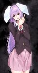  1girl absurdres animal_ears black_background black_jacket blazer buttons collared_shirt commentary_request floppy_ears highres jacket long_hair looking_at_viewer necktie open_mouth own_hands_together pink_skirt pleated_skirt pocket pointing purple_hair rabbit_ears red_eyes red_necktie reisen_udongein_inaba shirt skirt smile solo teeth touhou upper_teeth_only very_long_hair white_shirt yagoro_kusuriya 