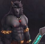  abs acidwuff anthro arm_tuft armband beard canid clothed clothing elbow_tuft facial_hair fangs fur gold_armband grey_beard grey_body grey_fur grey_hair hair half-length_portrait hi_res jewelry looking_aside male mammal melee_weapon muscular muscular_anthro muscular_male necklace nipples pecs pink_nipples portrait red_eyes simple_background solo spiked_armband spikes sword teeth topless tuft weapon 