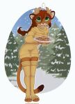  2023 anthro brown_body brown_fur clothed clothing cookie digital_media_(artwork) felid feline female food fully_clothed fur green_eyes hair hi_res holding_cookie holding_food holding_object holding_plate looking_at_viewer mammal open_mouth open_smile plant smile snow solo standing tree yshanii 