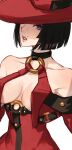 1girl absurdres bare_shoulders black_hair breasts cleavage dress guilty_gear guilty_gear_xrd guilty_gear_xx hat highres hitsuji_kusa i-no large_breasts looking_at_viewer mole mole_above_mouth parted_lips purple_eyes red_dress red_headwear red_lips short_hair witch_hat 