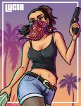  1girl absurdres bandana bandana_over_mouth black_camisole black_eyes breasts brown_hair camisole cleavage commentary contrapposto earrings english_commentary grand_theft_auto grand_theft_auto_vi groin gun highres holding holding_gun holding_money holding_weapon hoop_earrings jewelry lucia_(grand_theft_auto) medium_breasts midriff money navel palm_tree pantyhose_under_shorts ponytail red_bandana schoolyardloser short_shorts shorts solo tree weapon 