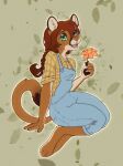  2023 anthro brown_body brown_fur clothing countershading digital_media_(artwork) dipstick_tail feet felid feline female flower fur green_eyes hair hi_res holding_flower holding_object mammal markings open_mouth open_smile overalls pawpads pink_nose plant smile solo tail tail_markings yshanii 