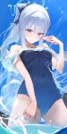  1girl absurdres black_one-piece_swimsuit blue_archive blue_halo blush cellphone cowboy_shot day frilled_one-piece_swimsuit frills grey_hair hair_between_eyes halo highres holding holding_phone innertube long_hair looking_at_viewer miyako_(blue_archive) miyako_(swimsuit)_(blue_archive) off-shoulder_one-piece_swimsuit off_shoulder official_alternate_costume one-piece_swimsuit outdoors parted_lips phone ponytail purple_eyes smartphone solo suna6080 swimsuit water 