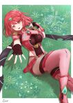  1girl absurdres blush breasts core_crystal_(xenoblade) covered_navel drop_earrings earrings fingerless_gloves gloves grass highres jewelry large_breasts looking_at_viewer pantyhose pink_thighhighs pyra_(xenoblade) reaching reaching_towards_viewer red_eyes red_hair red_shorts short_hair short_shorts shorts signature smile solo super_smash_bros. swept_bangs taro_(peach_taro51) thighhighs thighhighs_over_pantyhose tiara xenoblade_chronicles_(series) xenoblade_chronicles_2 