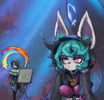  1boy 1girl animal_ears black_hoodie bush closed_mouth colored_skin eyeshadow green_hair grey_skin hair_between_eyes hood hoodie hwei_(league_of_legends) kneeling league_of_legends looking_at_viewer makeup outdoors paint phantom_ix_row pink_eyes sidelocks standing tree vex_(league_of_legends) yordle 