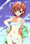  biribiri blush brown_hair censored convenient_censoring hair_ornament hairclip jpeg_artifacts misaka_mikoto navel nude short_hair solo to_aru_kagaku_no_railgun to_aru_majutsu_no_index towel yuiganaoha 