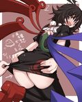  black_hair black_legwear blue_wings boots bracelet embarrassed fang hands houjuu_nue jewelry kneeling legs looking_back mole no_panties open_mouth red_eyes red_wings rondo_umigame shoes short_hair short_sleeves skirt skirt_lift snake solo tears thighhighs touhou translation_request ufo wings zettai_ryouiki 