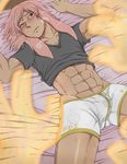  bulge inazuma_eleven inazuma_eleven_(series) male male_focus pink_hair tan tanned tsunami_jousuke yaoi 