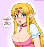  &gt;:o 1girl :o afrobull angry arms_at_sides bangs bead_necklace beads blonde_hair blue_eyes blush breasts circlet cleavage collarbone dress earrings elf english_text eyebrows_visible_through_hair female gem jewelry large_breasts lavender_background lips long_hair looking_at_viewer lower_teeth neck necklace nintendo open_mouth parted_bangs pink_dress pointy_ears princess_zelda round_teeth ruby_(stone) shiny shiny_skin short_sleeves solo speech_bubble super_smash_bros. talking tears teeth the_legend_of_zelda the_legend_of_zelda:_a_link_between_worlds tiara triforce triforce_earrings upper_body upper_teeth 