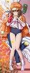  bakemonogatari blush bow brown_eyes brown_hair buruma cabbie_hat cameltoe feet hand_puppet hat highres instrument jacket_on_shoulders leaf legs long_legs lying maple_leaf monogatari_(series) on_back puppet recorder sengoku_nadeko socks solo thigh_gap tooo 