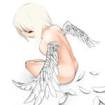  angel_wings back bad_id bad_pixiv_id blonde_hair blue_eyes feathers from_above nude original short_hair simple_background sitting solo wings yama 