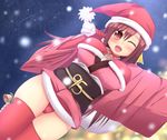  95-tan brown_hair christmas japanese_clothes kimono one_eye_closed os-tan panties pantyshot santa_costume snow solo thighhighs toki_(tokinokogiri) underwear upskirt 