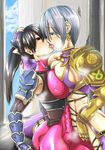  armor black_hair blue_eyes breast_press breasts gloves hair_over_one_eye isabella_valentine jackasss kiss large_breasts multiple_girls ponytail short_hair skin_tight soulcalibur soulcalibur_iv symmetrical_docking taki_(soulcalibur) thighhighs white_hair yuri 