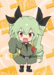  1girl :d anchovy anzio_military_uniform bangs belt black_belt black_footwear black_neckwear black_shirt blush_stickers boots box cardboard_box child commentary dress_shirt drill_hair eyebrows_visible_through_hair full_body girls_und_panzer green_hair grey_jacket hand_on_hip highres jacket jinguu_(4839ms) long_hair long_sleeves looking_at_viewer military military_uniform necktie open_mouth orange_background oversized_clothes red_eyes shirt sleeves_past_wrists smile solo standing twin_drills twintails uniform waving younger 