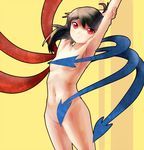  armpits arms_up bad_id bad_pixiv_id black_hair censored convenient_censoring flat_chest houjuu_nue nude red_eyes short_hair smile solo tottema touhou wing_censor wings 